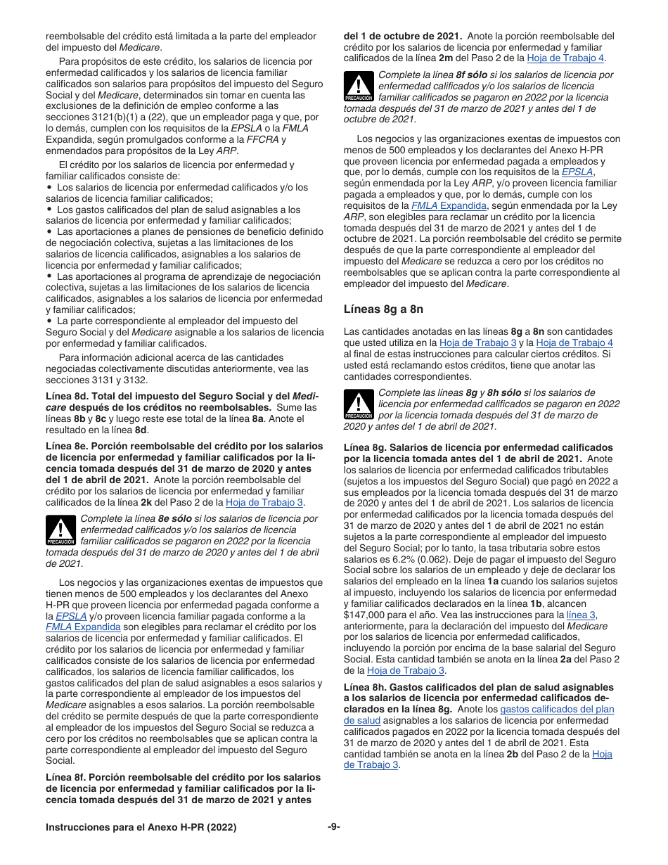 Instrucciones para IRS Formulario 1040-PR Anexo H-PR Impuestos Sobre El Empleo De Empleados Domesticos (Puerto Rican Spanish), Page 9