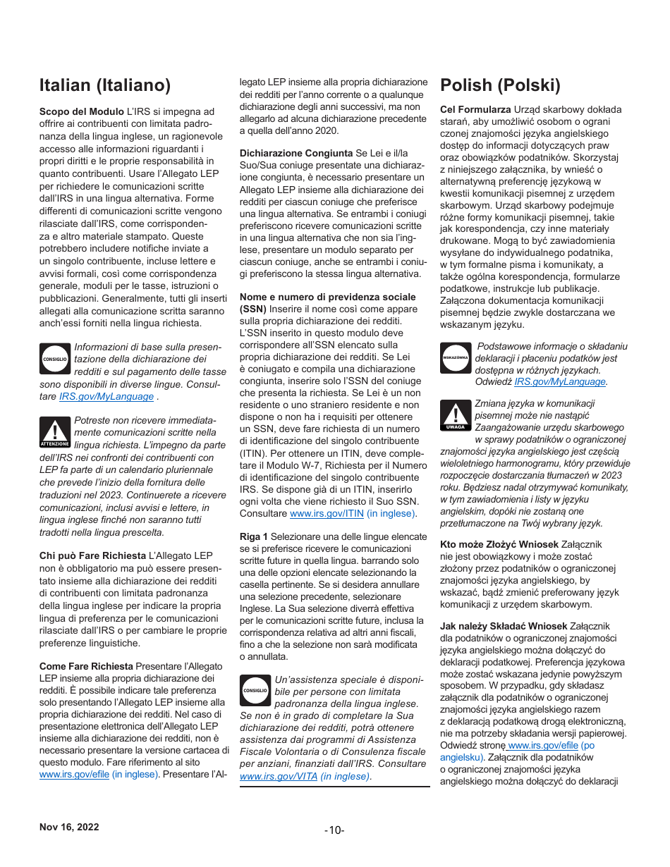 Instructions for IRS Form 1040 Schedule LEP Request for Change in Language Preference (English / Spanish / Portuguese / Russian / Bengali / Korean / Italian / Chinese / Vietnamese / Arabic / Tagalog / Japanese / Farsi / French / Gujarati / Haitian Creole / Khmer / Polish / Punjabi / Urdu / Chinese Simplified), Page 10