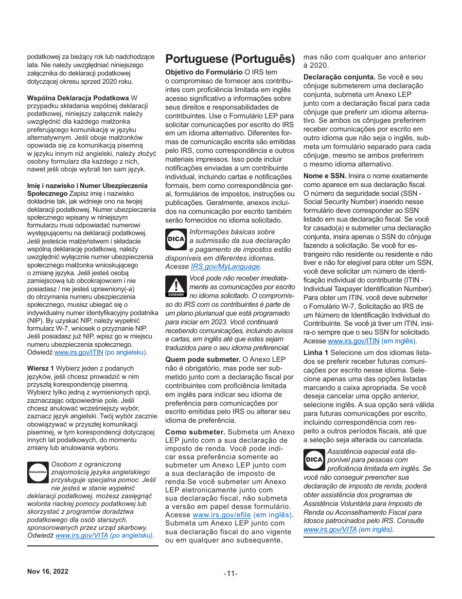 Instructions for IRS Form 1040 Schedule LEP Request for Change in Language Preference (English / Spanish / Portuguese / Russian / Bengali / Korean / Italian / Chinese / Vietnamese / Arabic / Tagalog / Japanese / Farsi / French / Gujarati / Haitian Creole / Khmer / Polish / Punjabi / Urdu / Chinese Simplified), Page 11