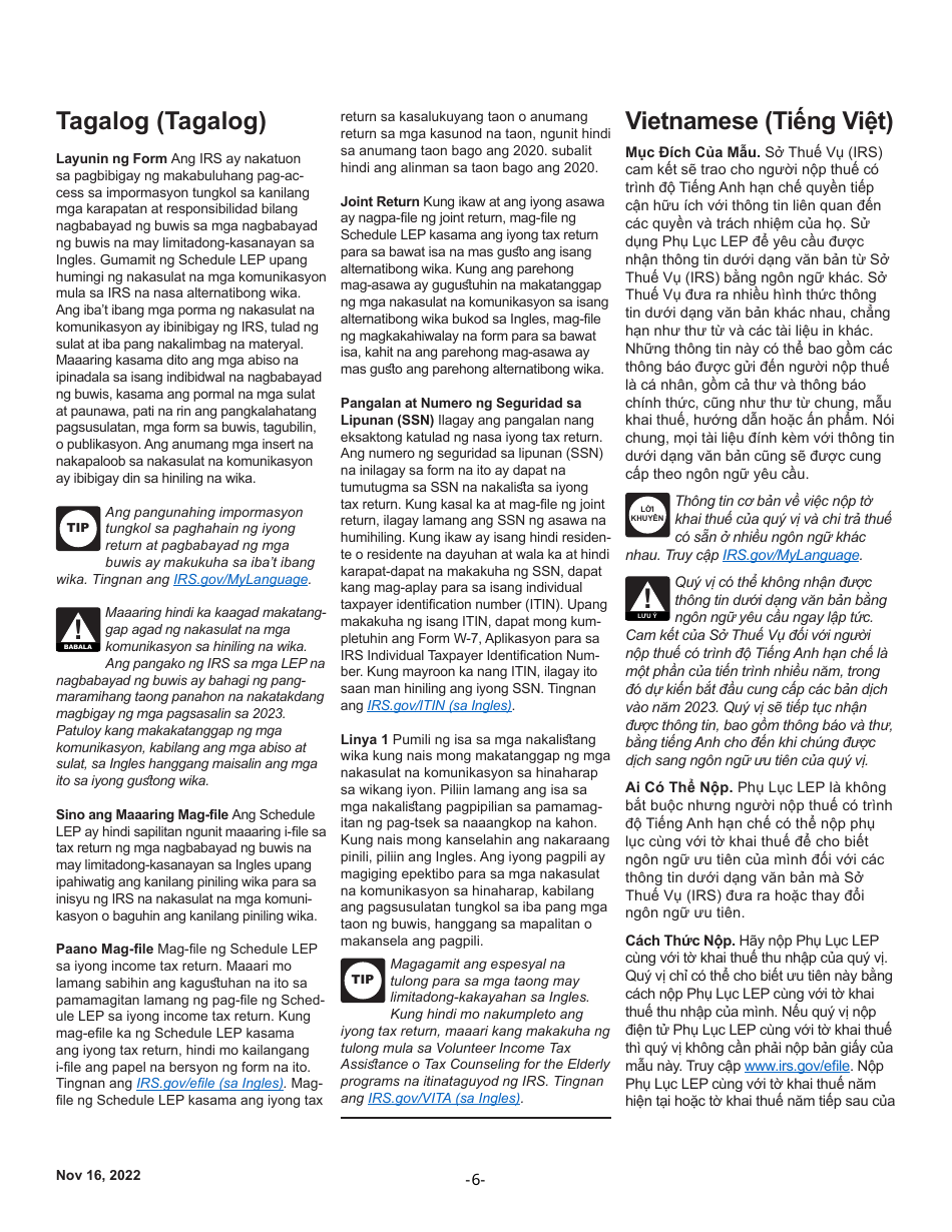 Instructions for IRS Form 1040 Schedule LEP Request for Change in Language Preference (English / Spanish / Portuguese / Russian / Bengali / Korean / Italian / Chinese / Vietnamese / Arabic / Tagalog / Japanese / Farsi / French / Gujarati / Haitian Creole / Khmer / Polish / Punjabi / Urdu / Chinese Simplified), Page 6