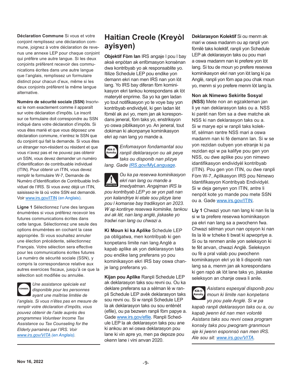 Instructions for IRS Form 1040 Schedule LEP Request for Change in Language Preference (English / Spanish / Portuguese / Russian / Bengali / Korean / Italian / Chinese / Vietnamese / Arabic / Tagalog / Japanese / Farsi / French / Gujarati / Haitian Creole / Khmer / Polish / Punjabi / Urdu / Chinese Simplified), Page 9
