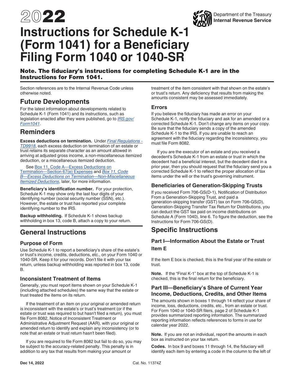 Instructions for IRS Form 1041 Schedule K-1 Beneficiary's Share of Income, Deductions, Credits, Etc., Page 1