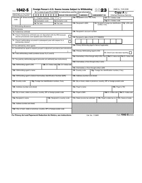 IRS Form 1042-S Foreign Person&#039;s U.S. Source Income Subject to Withholding, 2023