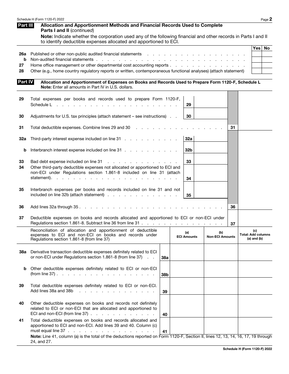 IRS Form 1120-F Schedule H Deductions Allocated to Effectively Connected Income Under Regulations Section 1.861-8, Page 2