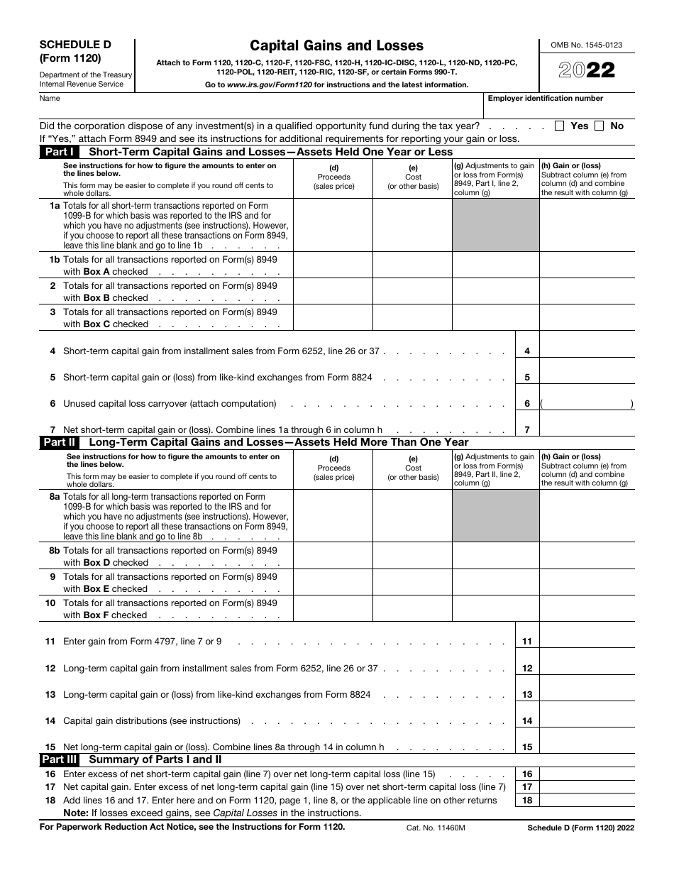 IRS Form 1120 Schedule D Capital Gains and Losses, Page 1