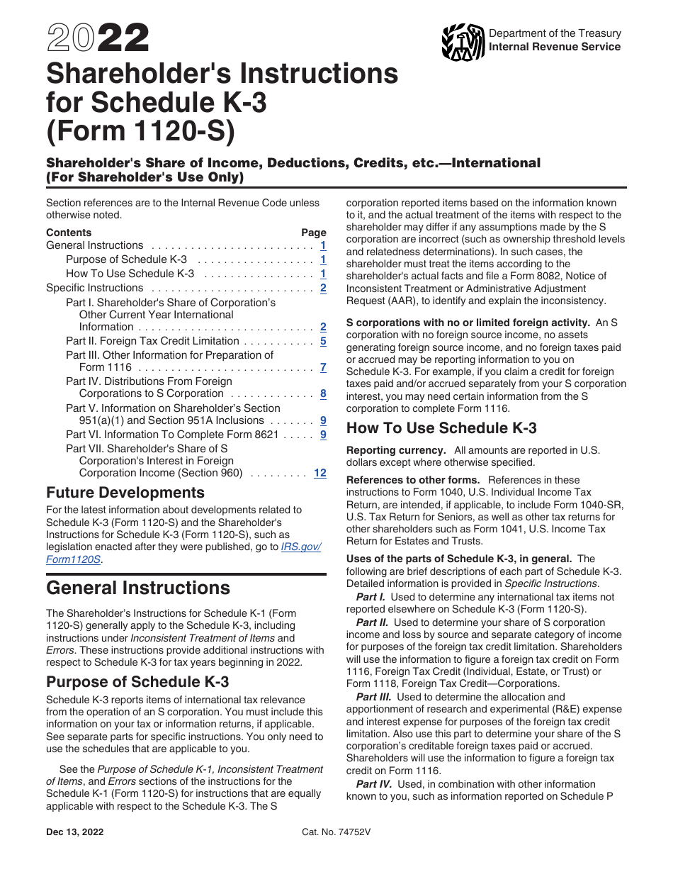 Instructions for IRS Form 1120-S Schedule K-3 Shareholders Share of Income, Deductions, Credits, Etc.- International, Page 1