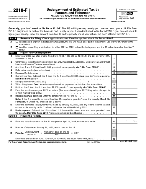IRS Form 2210-F 2022 Printable Pdf
