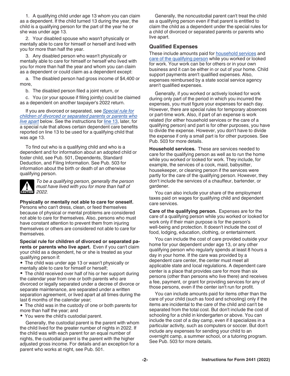 Instructions for IRS Form 2441 Child and Dependent Care Expenses, Page 2