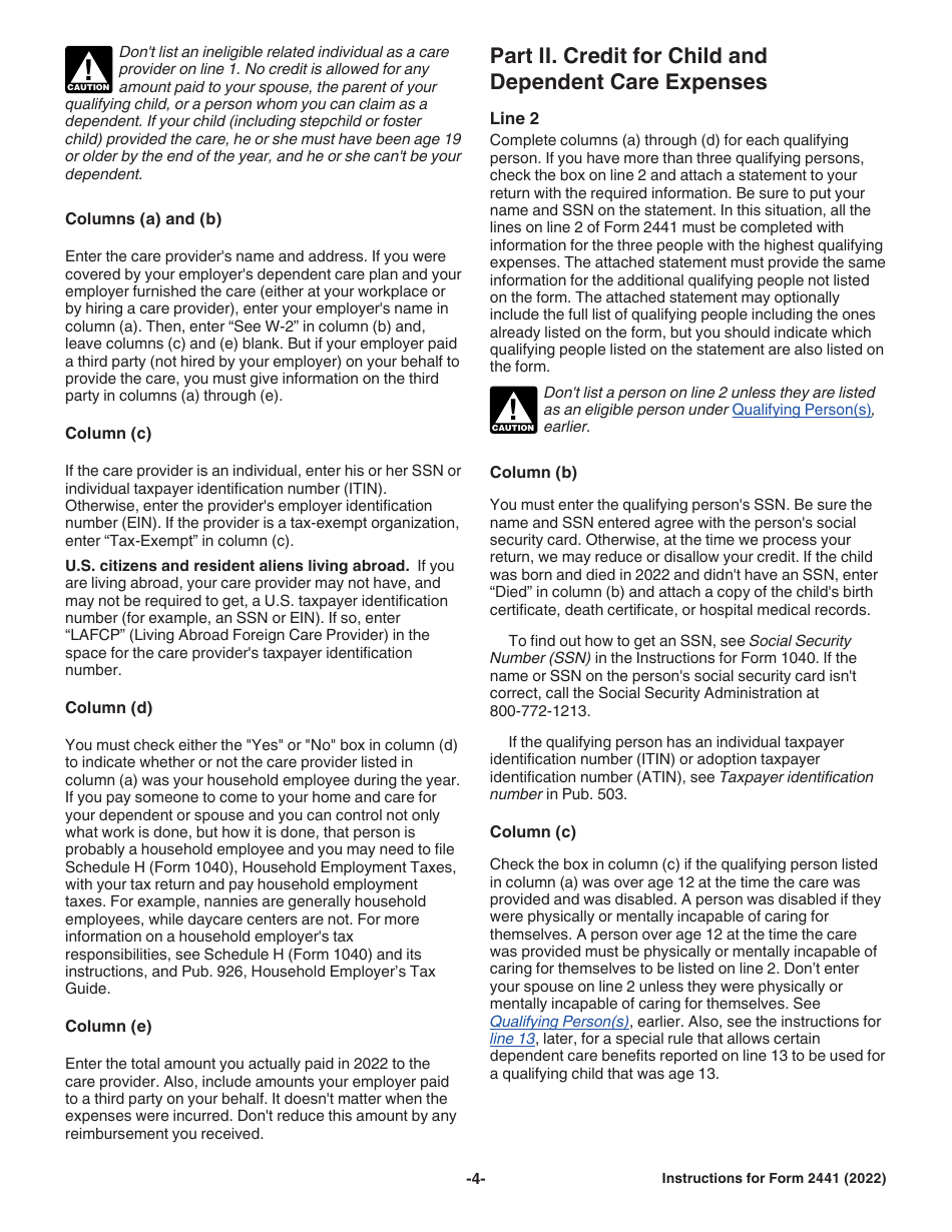 Instructions for IRS Form 2441 Child and Dependent Care Expenses, Page 4