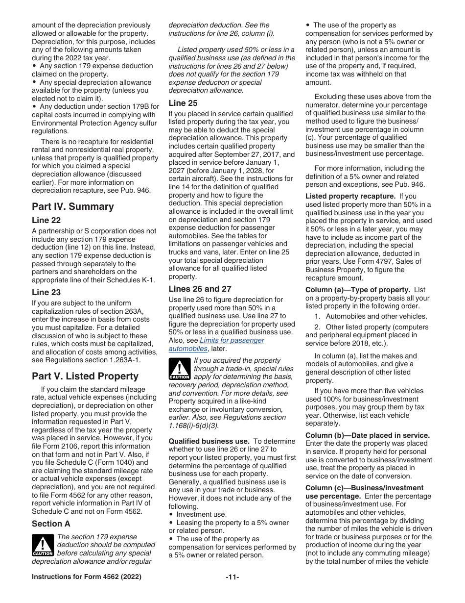 Instructions for IRS Form 4562 Depreciation and Amortization (Including Information on Listed Property), Page 11