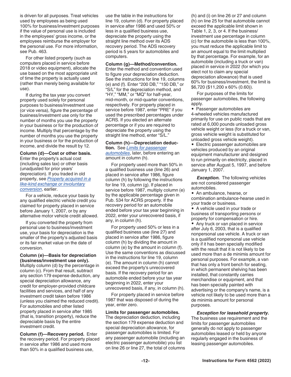 Instructions for IRS Form 4562 Depreciation and Amortization (Including Information on Listed Property), Page 12