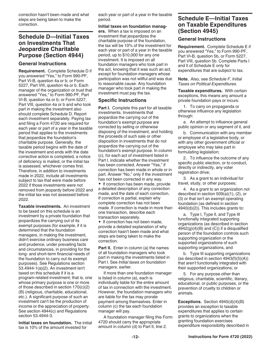 Instructions for IRS Form 4720 Return of Certain Excise Taxes Under Chapters 41 and 42 of the Internal Revenue Code, Page 12