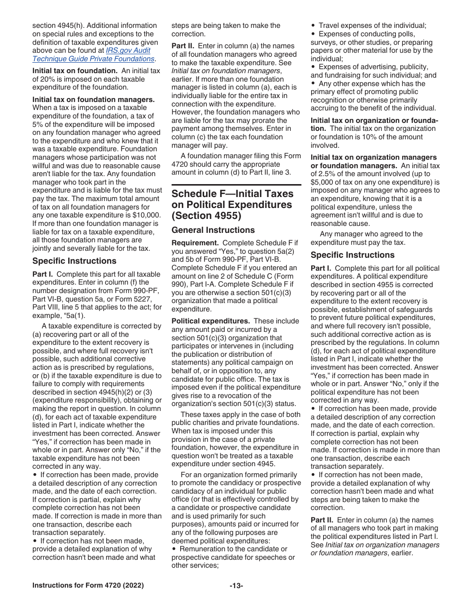 Instructions for IRS Form 4720 Return of Certain Excise Taxes Under Chapters 41 and 42 of the Internal Revenue Code, Page 13