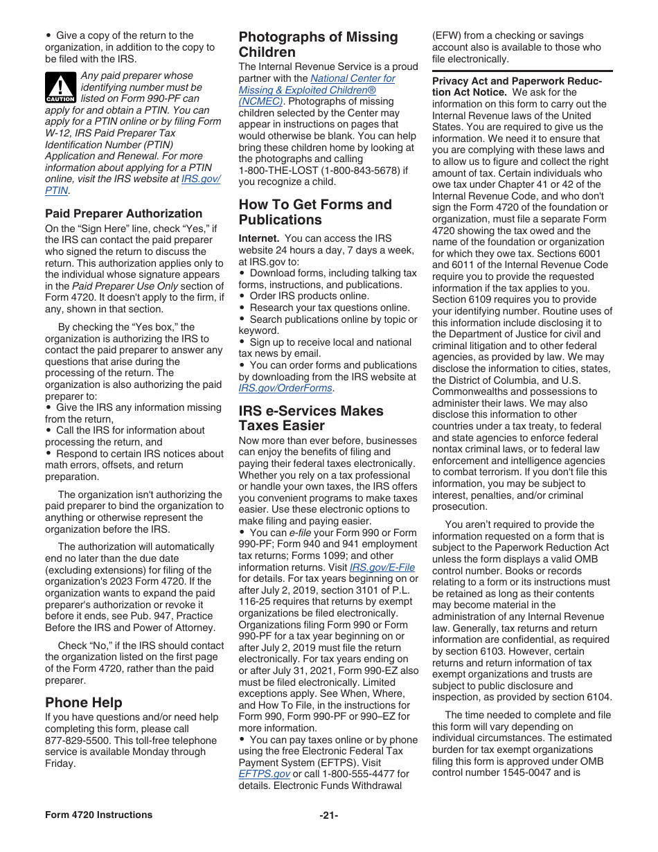 Instructions for IRS Form 4720 Return of Certain Excise Taxes Under Chapters 41 and 42 of the Internal Revenue Code, Page 21