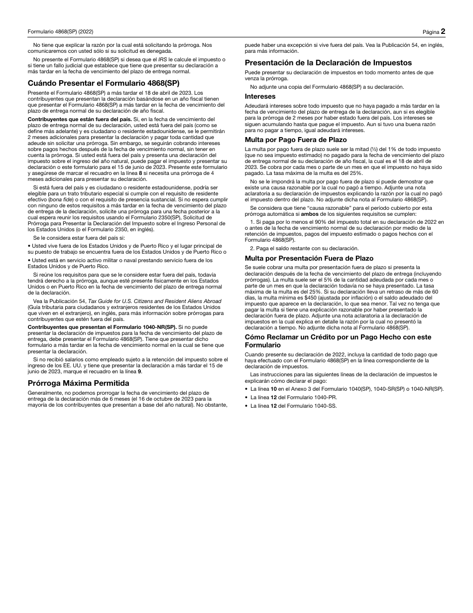 IRS Formulario 4868 (SP) Solicitud De Prorroga Automatica Para Presentar La Declaracion Del Impuesto Sobre El Ingreso Personal De Los Estados Unidos (Spanish), Page 2