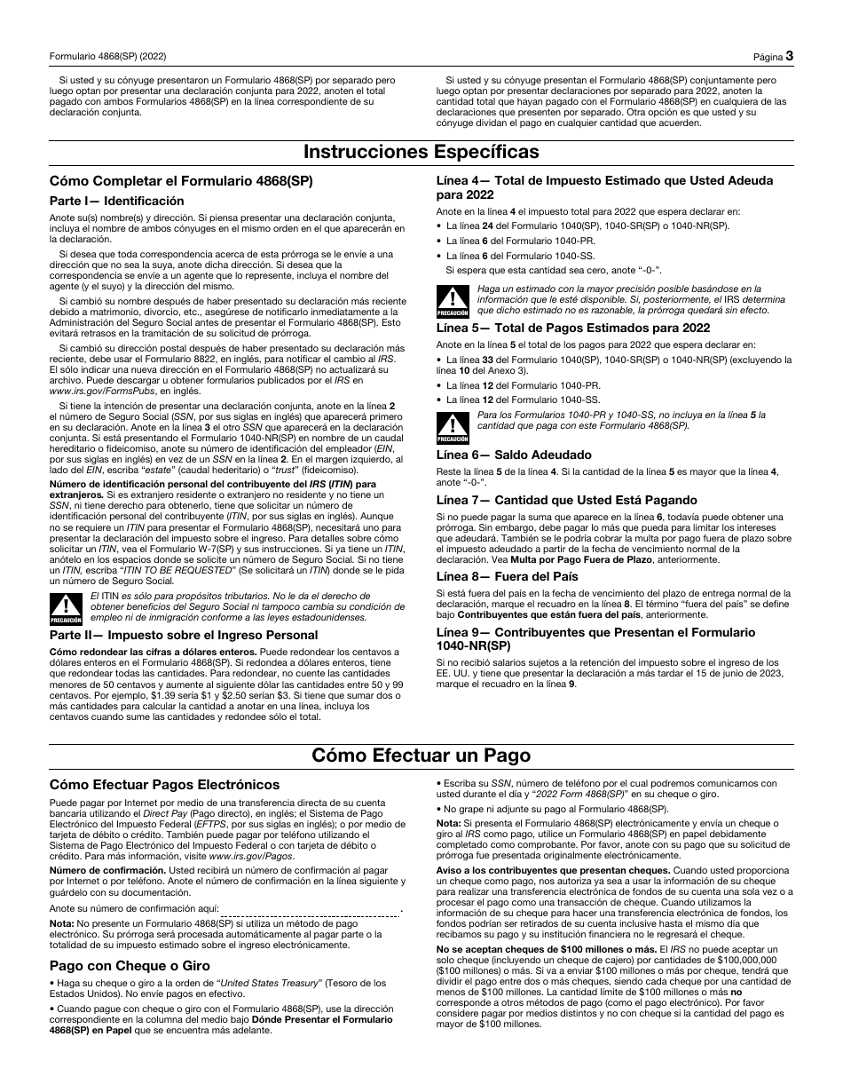 IRS Formulario 4868 (SP) Solicitud De Prorroga Automatica Para Presentar La Declaracion Del Impuesto Sobre El Ingreso Personal De Los Estados Unidos (Spanish), Page 3