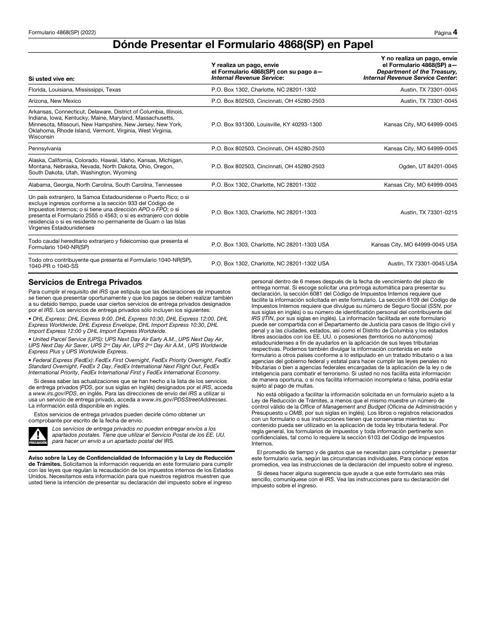 IRS Formulario 4868 (SP) Solicitud De Prorroga Automatica Para Presentar La Declaracion Del Impuesto Sobre El Ingreso Personal De Los Estados Unidos (Spanish), Page 4