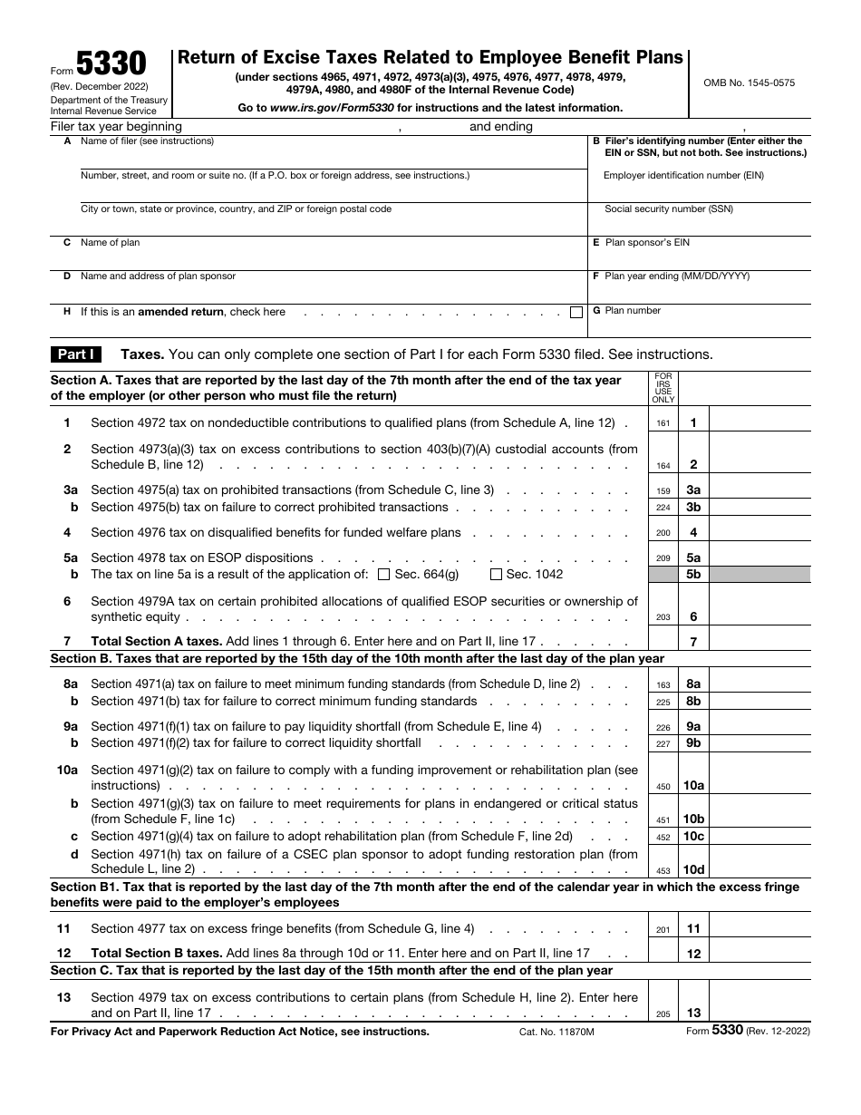 IRS Form 5330 Return of Excise Taxes Related to Employee Benefit Plans, Page 1