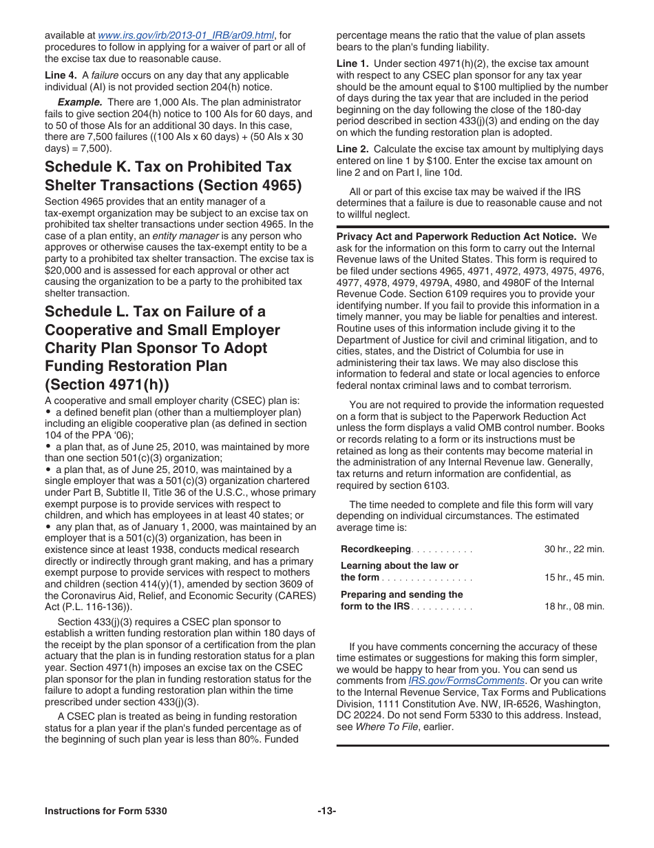 Instructions for IRS Form 5330 Return of Excise Taxes Related to Employee Benefit Plans, Page 13