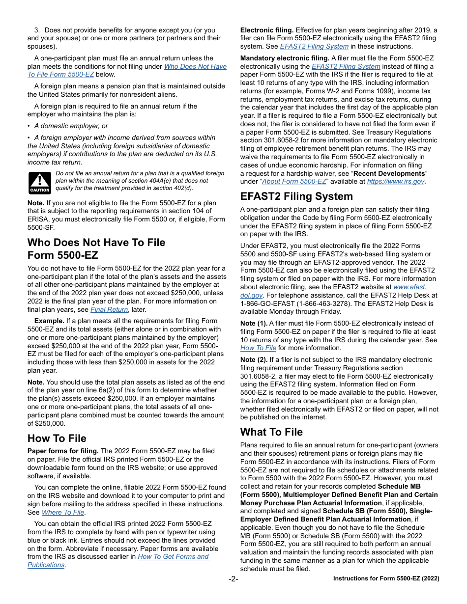Instructions for IRS Form 5500-EZ Annual Return of a One Participant (Owners / Partners and Their Spouses) Retirement Plan or a Foreign Plan, Page 2