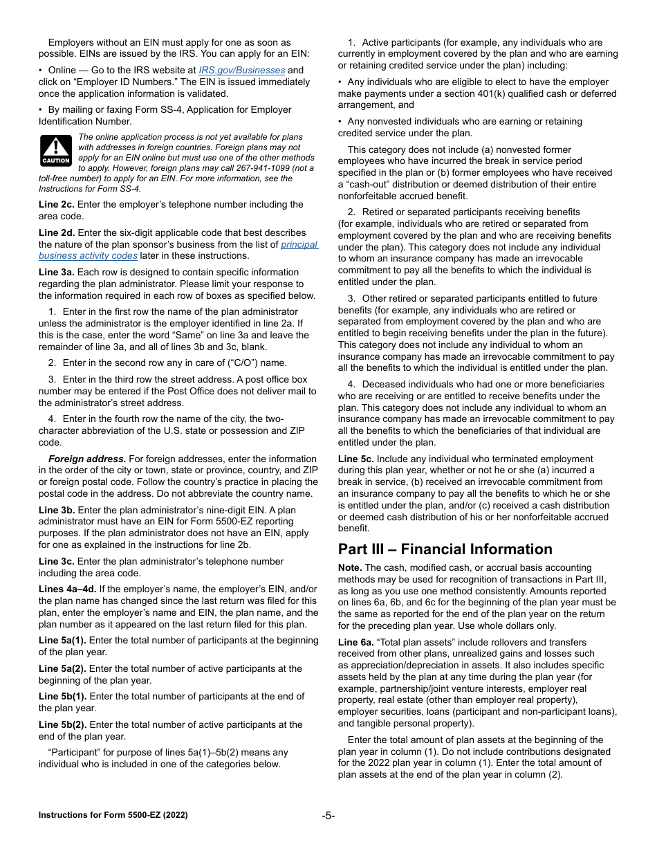 Instructions for IRS Form 5500-EZ Annual Return of a One Participant (Owners / Partners and Their Spouses) Retirement Plan or a Foreign Plan, Page 5
