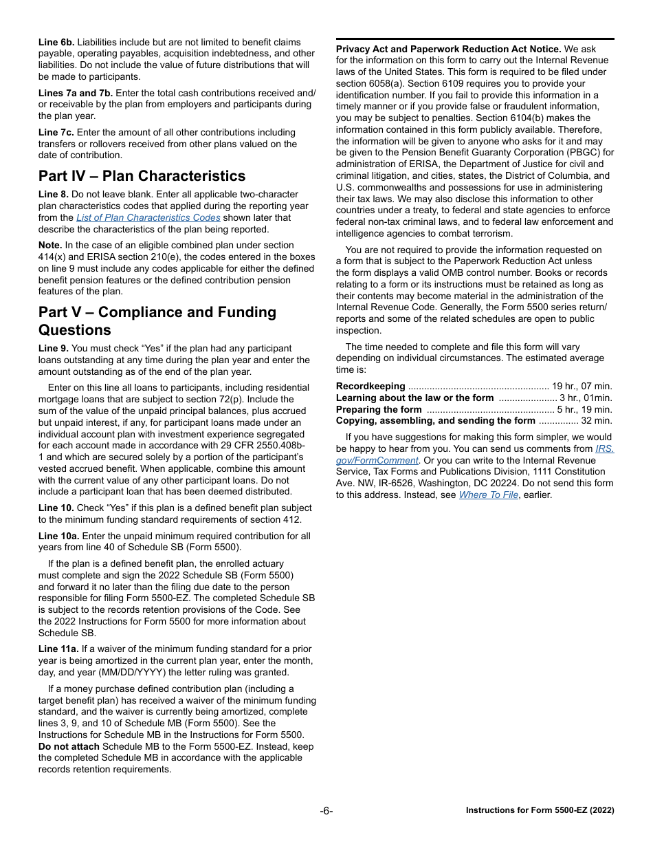 Instructions for IRS Form 5500-EZ Annual Return of a One Participant (Owners / Partners and Their Spouses) Retirement Plan or a Foreign Plan, Page 6