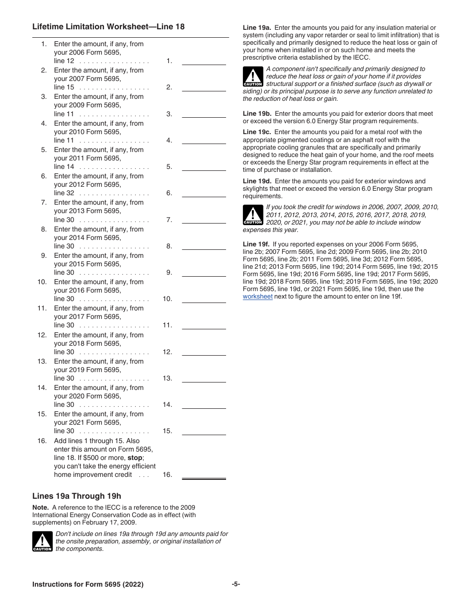 Download Instructions for IRS Form 5695 Residential Energy Credits PDF