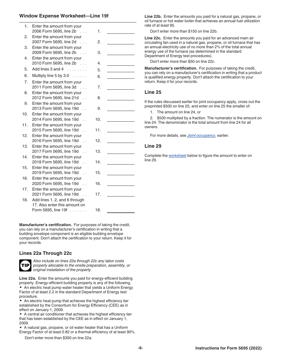 Download Instructions for IRS Form 5695 Residential Energy Credits PDF ...