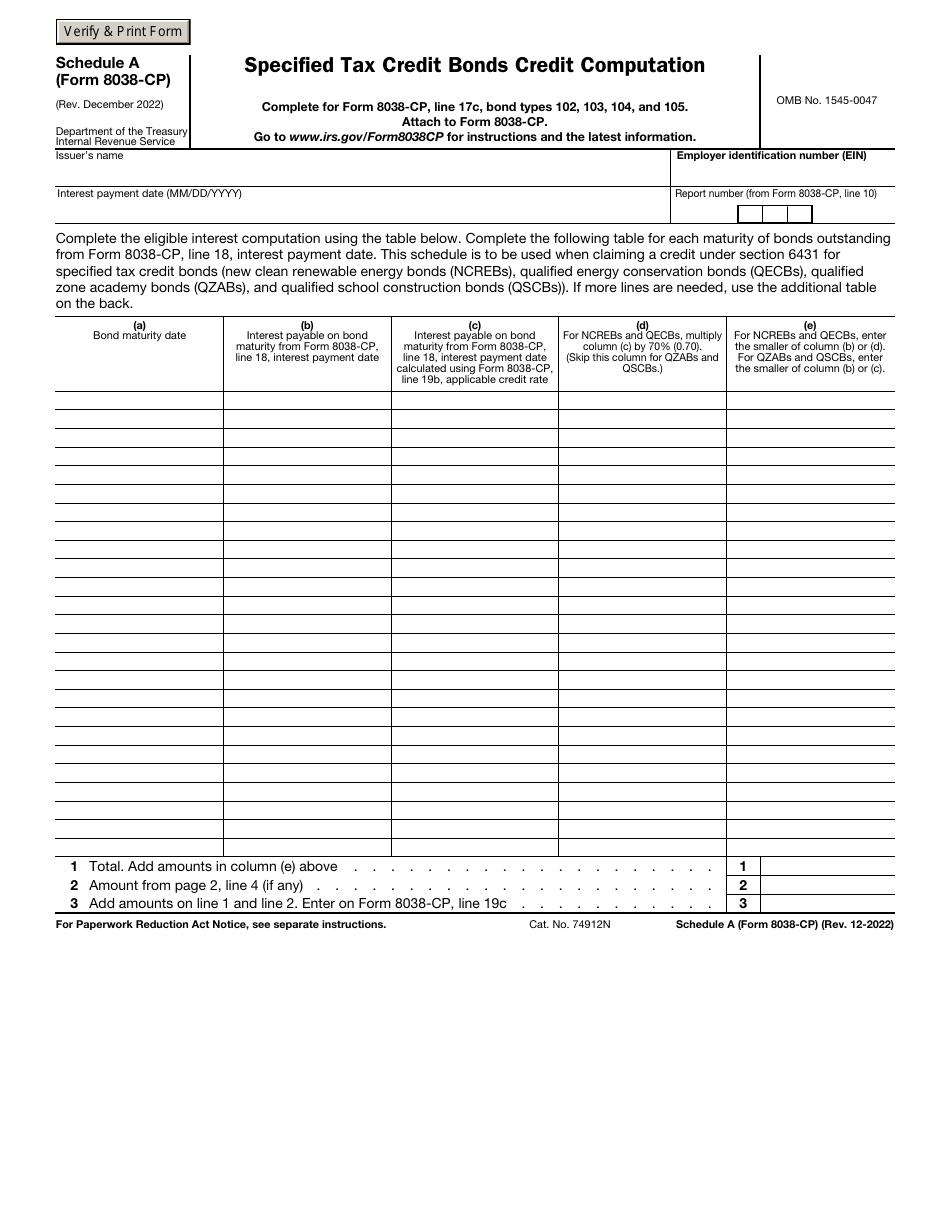 IRS Form 8038-CP Schedule A Specified Tax Credit Bonds Credit Computation, Page 1