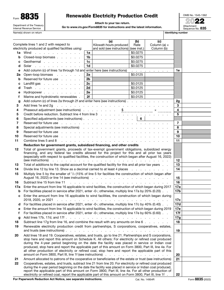 IRS Form 8835 Renewable Electricity Production Credit, Page 1