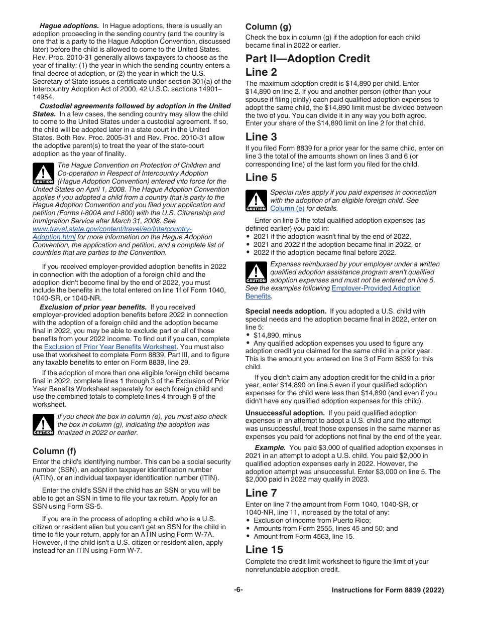 Instructions for IRS Form 8839 Qualified Adoption Expenses, Page 6