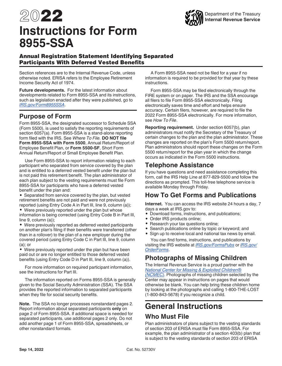 Instructions for IRS Form 8955-SSA Annual Registration Statement Identifying Separated Participants With Deferred Vested Benefits, Page 1