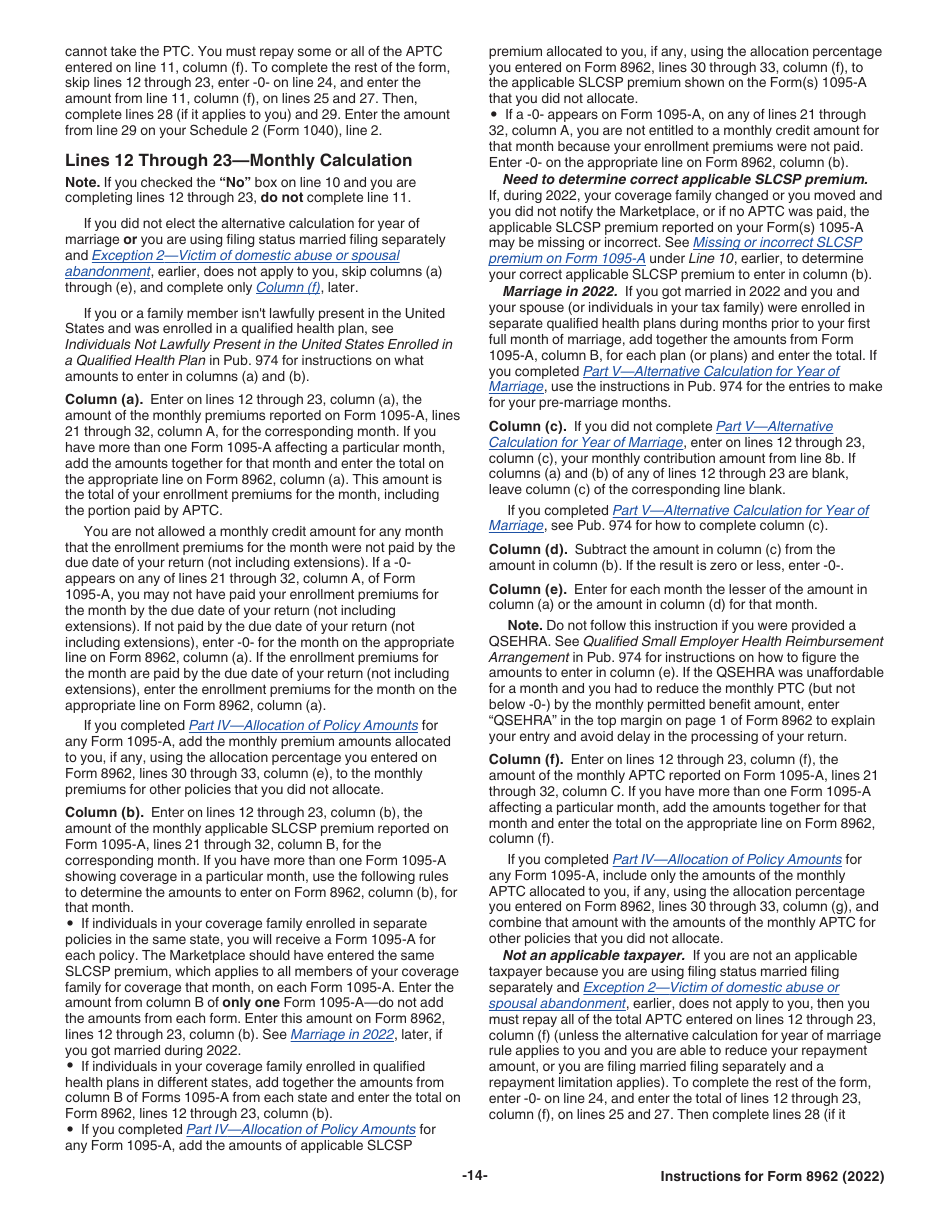 Instructions for IRS Form 8962 Premium Tax Credit (Ptc), Page 14
