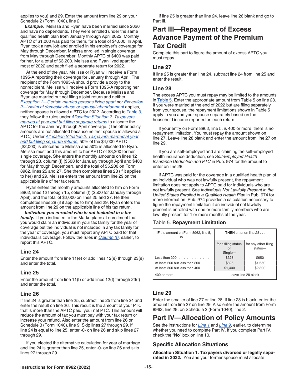 Download Instructions For IRS Form 8962 Premium Tax Credit (Ptc) PDF ...