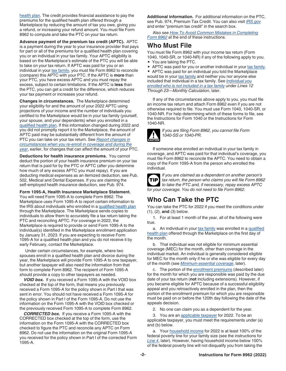 Instructions for IRS Form 8962 Premium Tax Credit (Ptc), Page 2