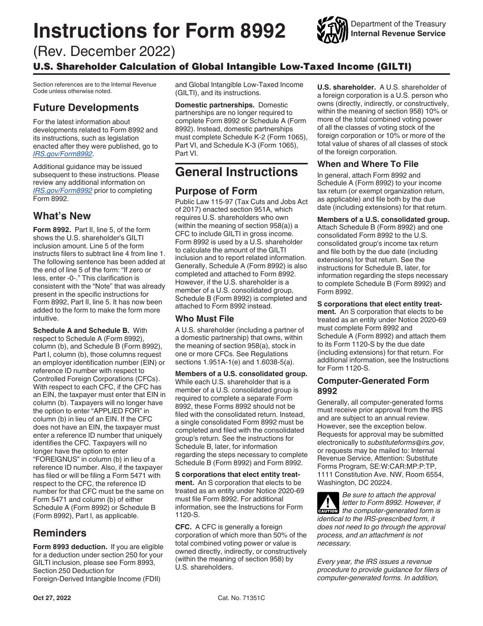 Instructions for IRS Form 8992 U.S. Shareholder Calculation of Global Intangible Low-Taxed Income (Gilti), Page 1