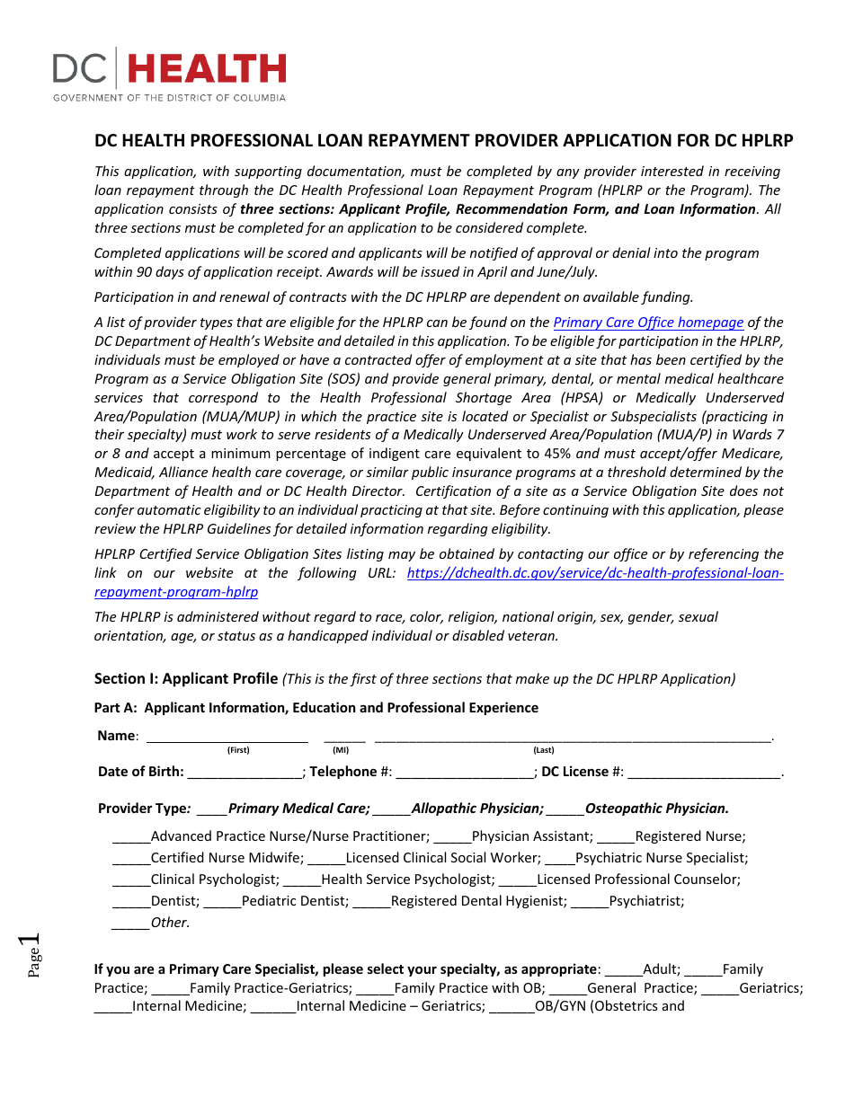 Section I Dc Health Professional Loan Repayment Provider Application for Dc Hplrp - Applicant Profile - Washington, D.C., Page 1