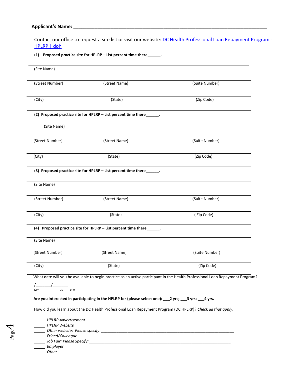 Section I Dc Health Professional Loan Repayment Provider Application for Dc Hplrp - Applicant Profile - Washington, D.C., Page 4