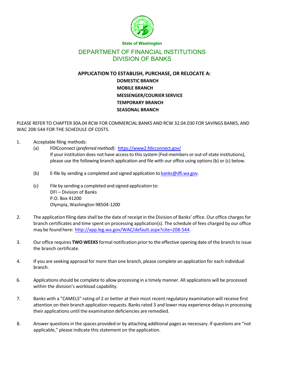 Branch Application Form - Washington, Page 1