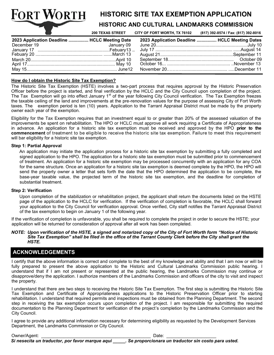 2023 City of Fort Worth, Texas Historic Site Tax Exemption Application
