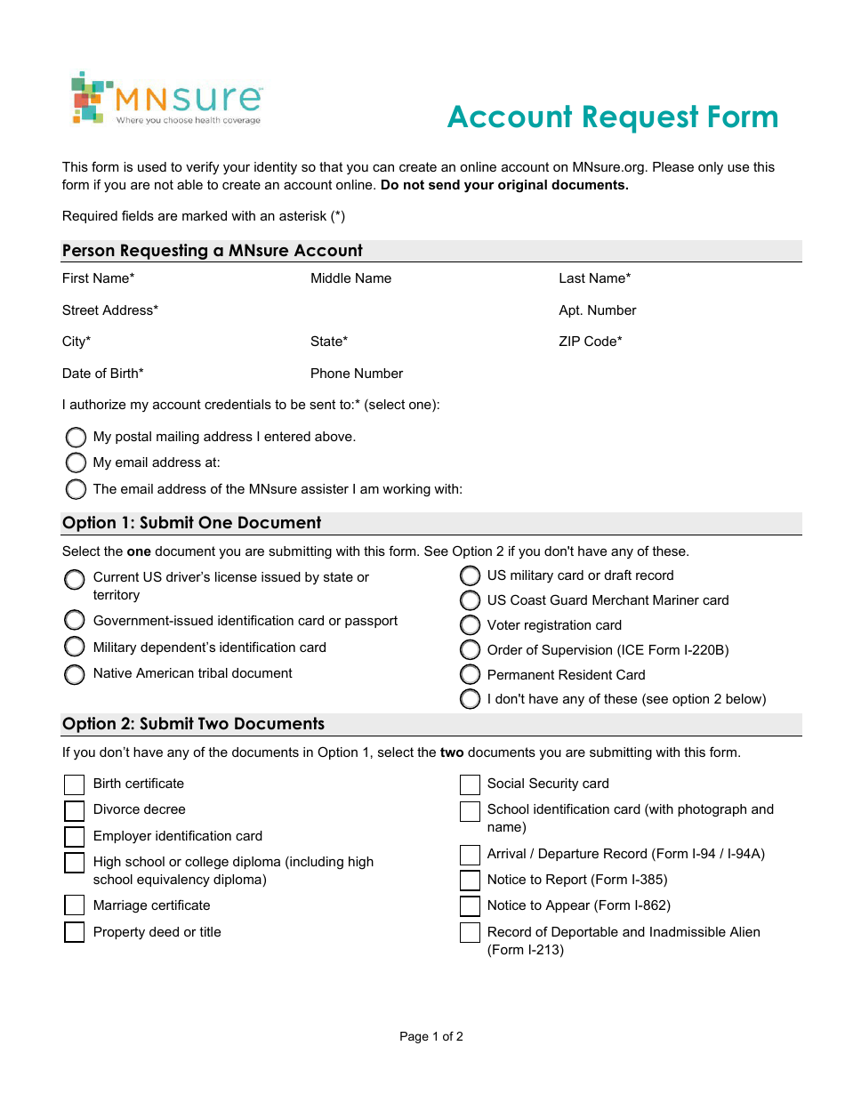 Account Request Form - Minnesota, Page 1