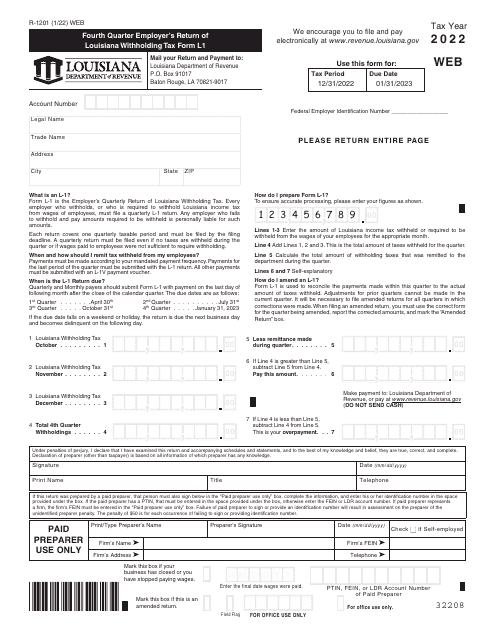 Form L1 (R-1201) Fourth Quarter Employer's Return of Louisiana Withholding Tax Form - Louisiana, 2022