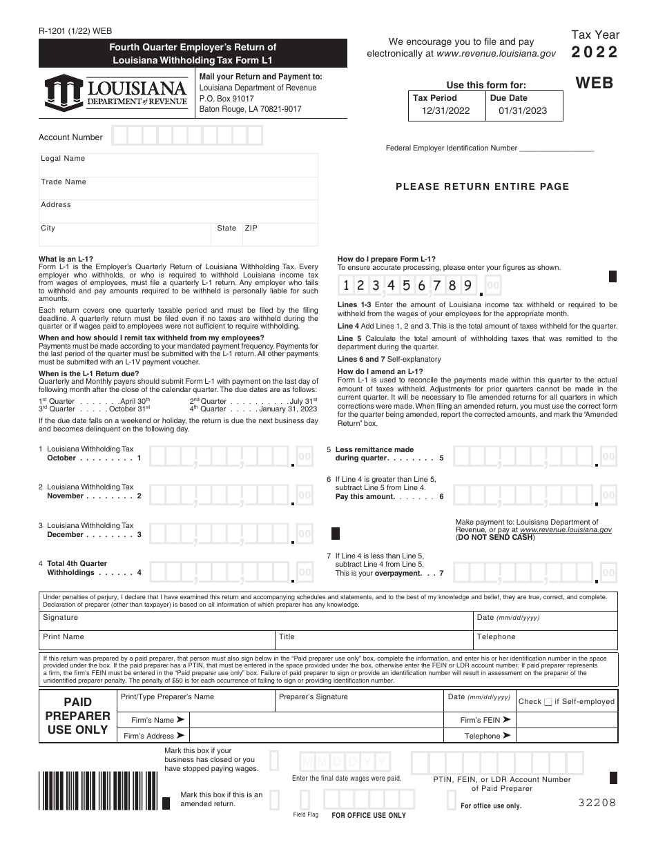 Form L1 (R-1201) Fourth Quarter Employers Return of Louisiana Withholding Tax Form - Louisiana, Page 1