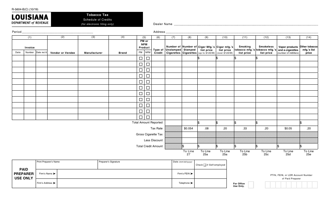 Form R-5604-B(C) Tobacco Tax - Schedule of Credits - Louisiana