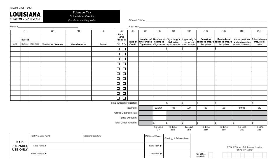 Form R-5604-B(C) Tobacco Tax - Schedule of Credits - Louisiana, Page 1