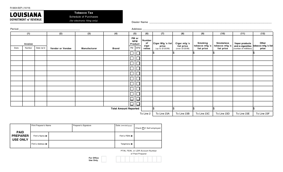 Form R-5604-B(P) Tobacco Tax - Schedule of Purchases - Louisiana, Page 1