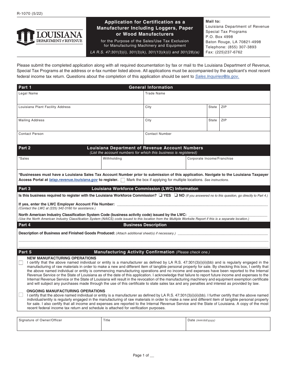 Form R-1070 Application for Certification as a Manufacturer Including Loggers, Paper or Wood Manufacturers for the Purpose of the Sales / Use Tax Exclusion for Manufacturing Machinery and Equipment - Louisiana, Page 1