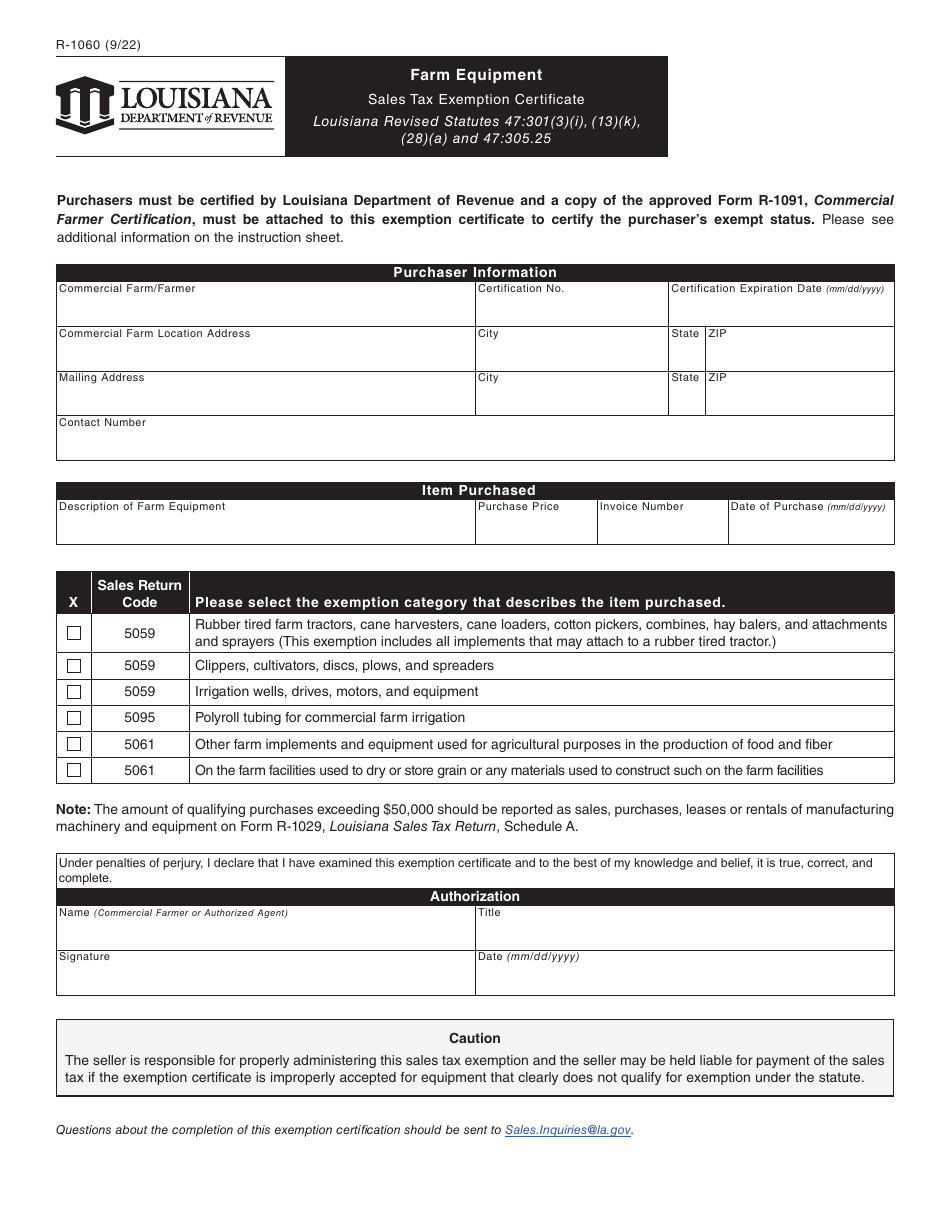 Form R-1060 Farm Equipment - Sales Tax Exemption Certificate - Louisiana, Page 1