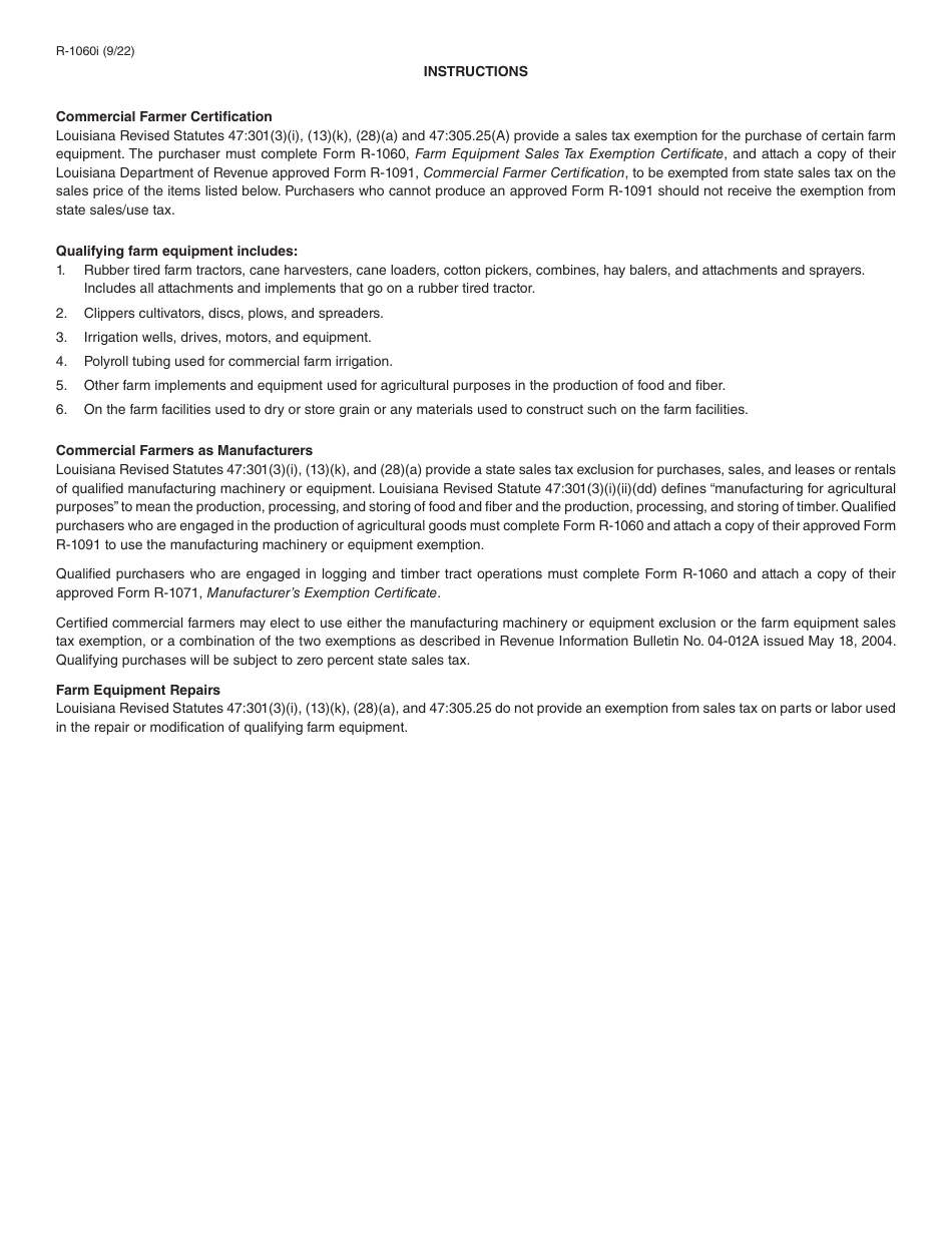 Form R1060 Download Fillable PDF or Fill Online Farm Equipment Sales