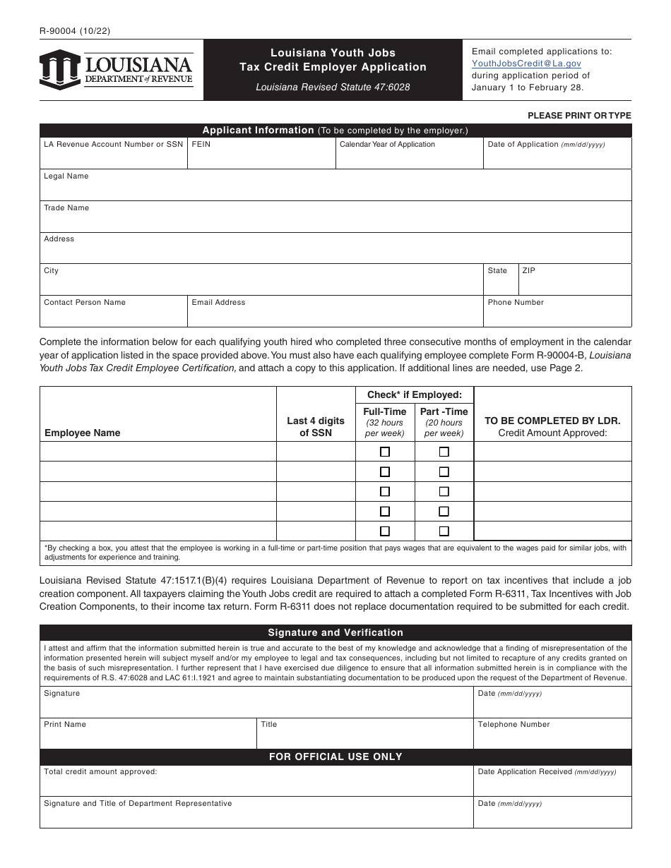 Form R-90004 Louisiana Youth Jobs Tax Credit Employer Application - Louisiana, Page 1